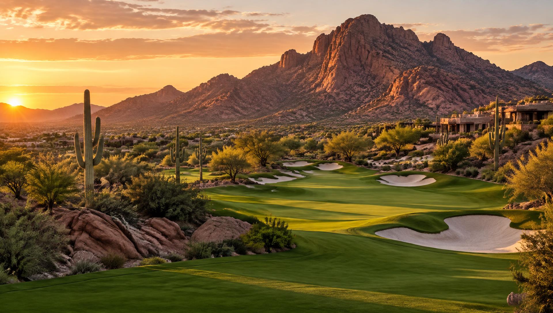 Desert golf fairway at Wildfire Golf Club in Scottsdale at sunset